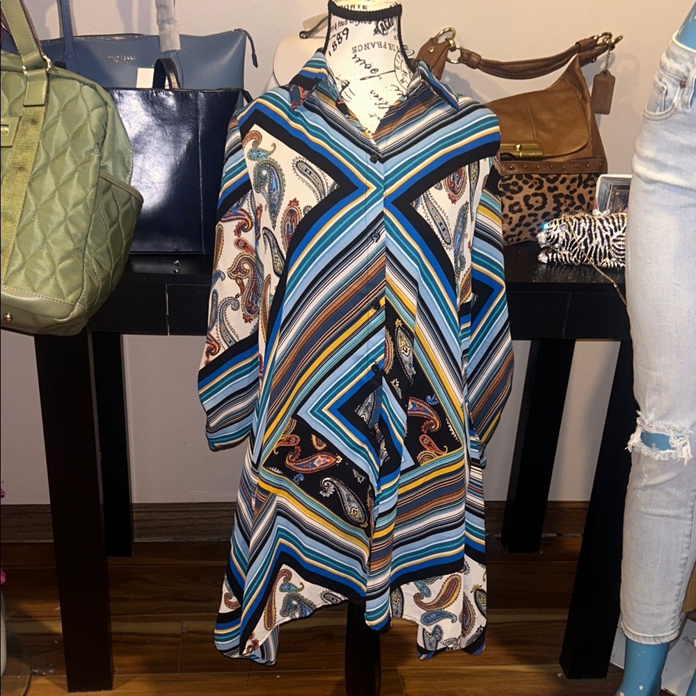 Ronnie Salloway Multicolor Striped button up Paisley Dress size small